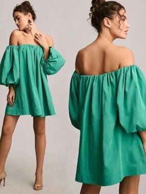 Anthropologie Mare Mare Off The Shoulder Puff Sleeve Green Mini Dress Size S